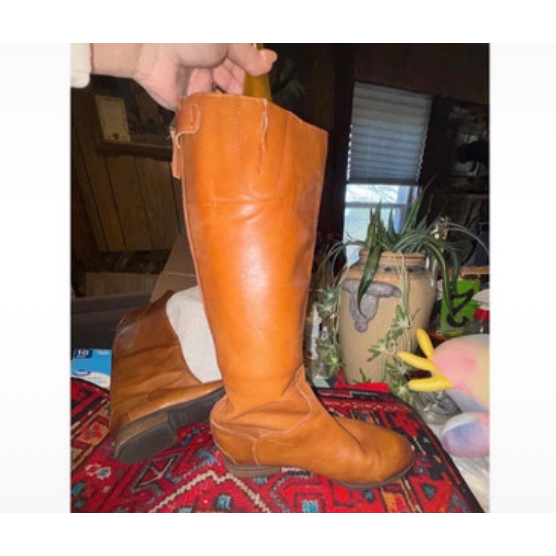 Tan Sam Edelmamleather Tall Riding Boots Rear Zip Gold Button Detail